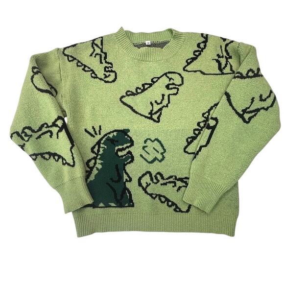 Unbranded Sweaters - Green Dinosaur Cartoon Knit Sweater Unisex Small Crewneck Graphic Pullover